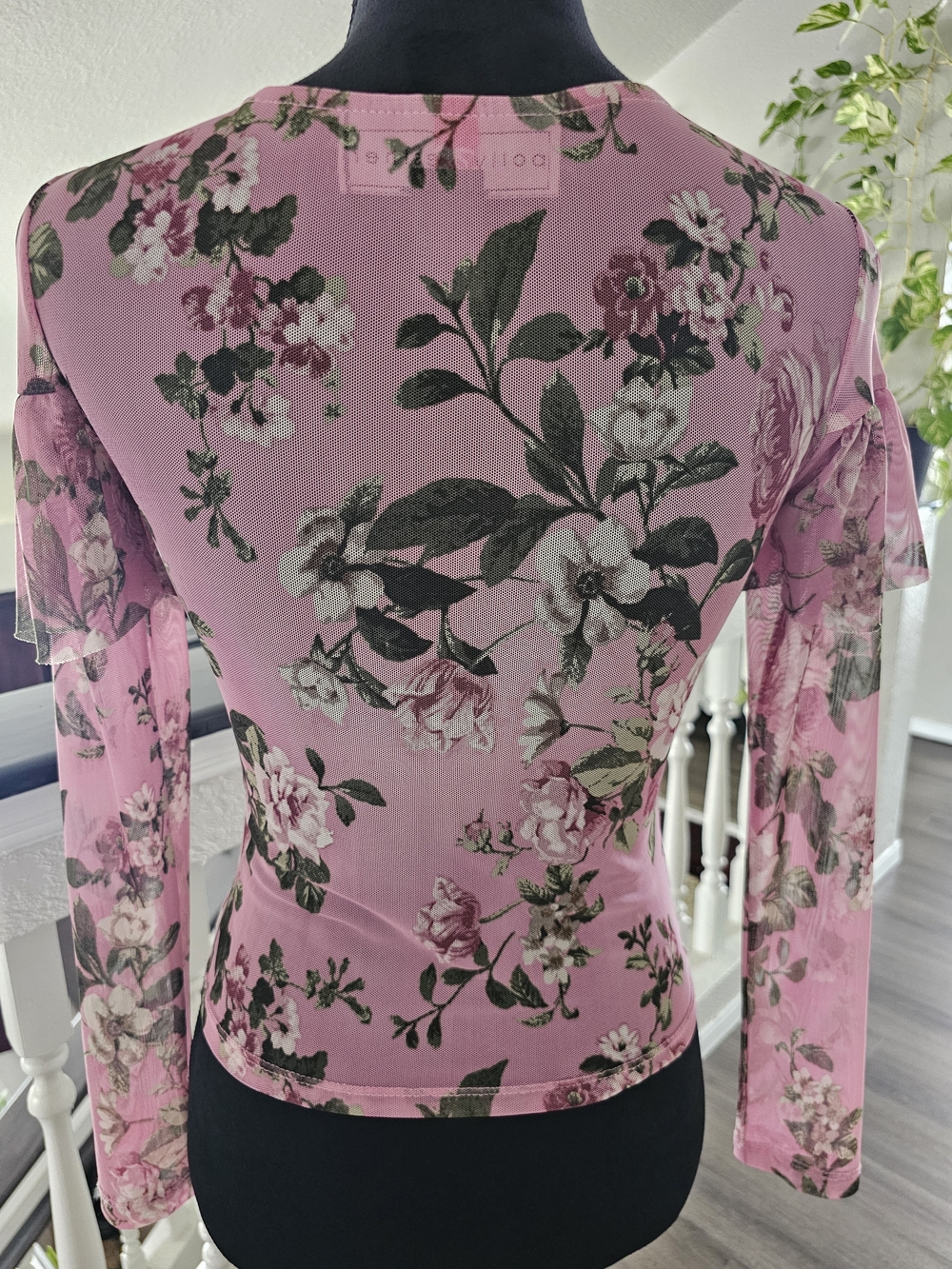 Polly & Esther Pink Floral Ruffle Mesh Long-Sleeve Top - Picture 7 of 7